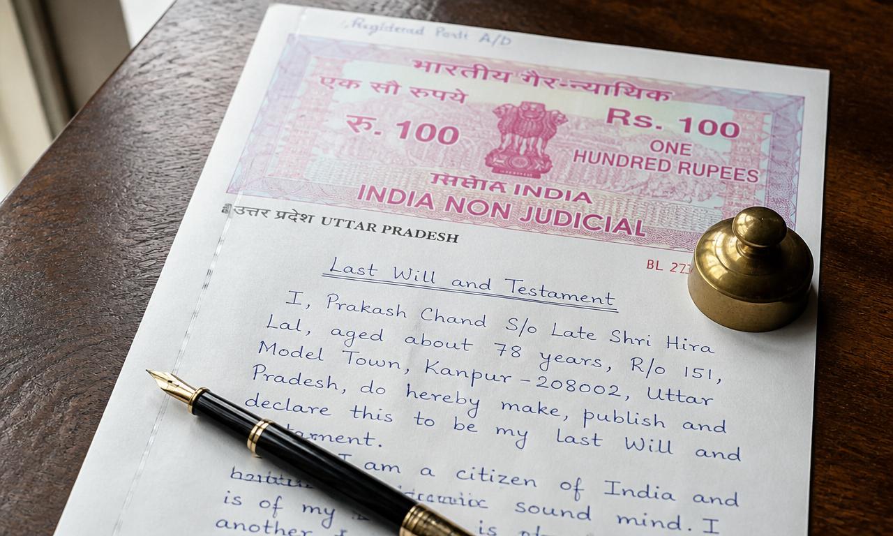 Traditional Indian ancestral home with carved doors and succession documents on a marble bench