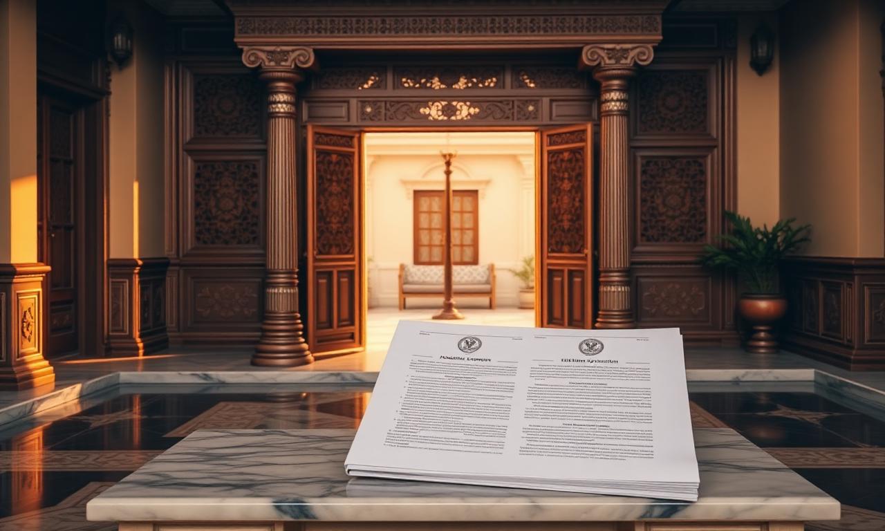 Traditional Indian ancestral home with carved doors and succession documents on a marble bench