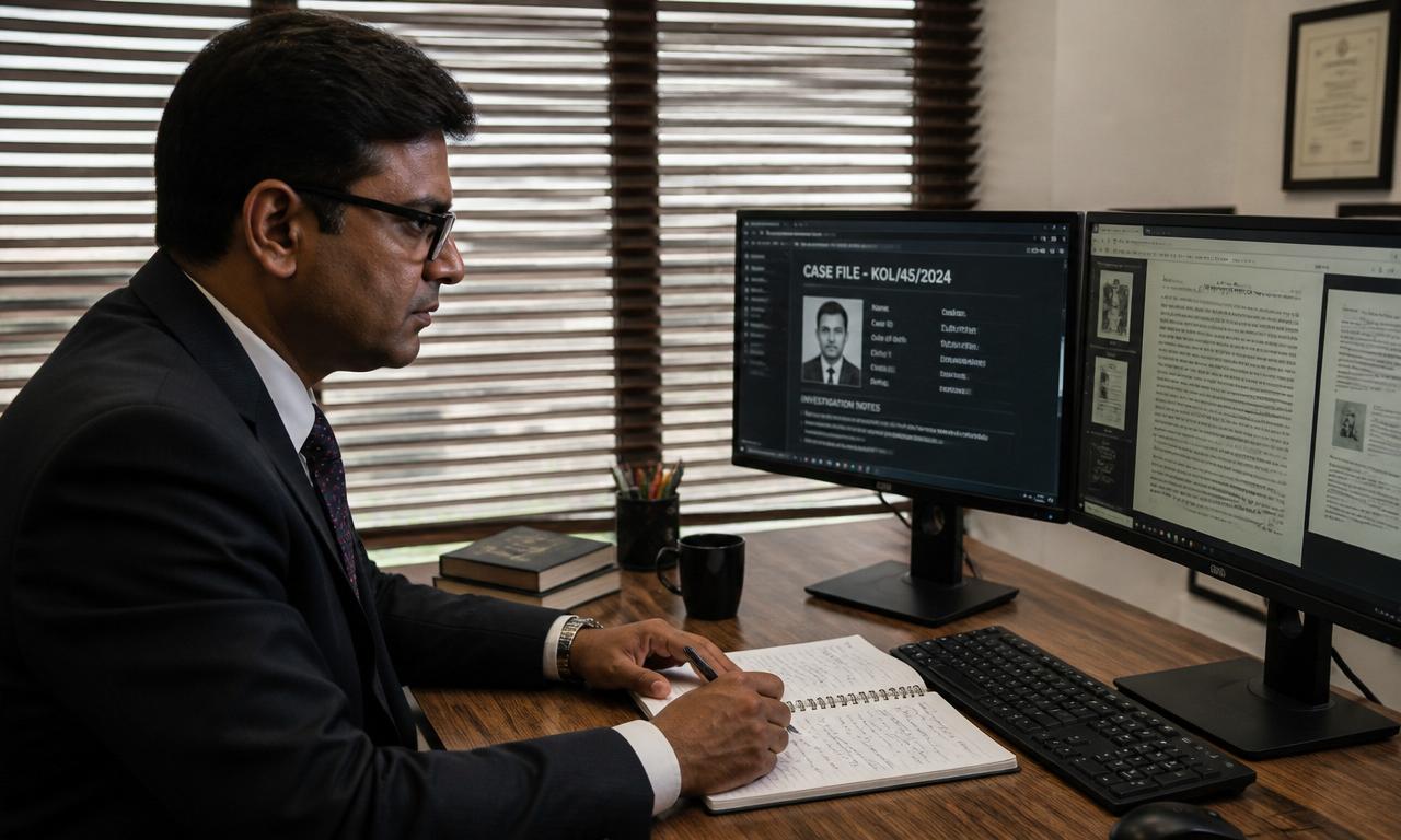 Advocate reviewing a confidential due diligence dossier with brass shield emblem and magnifying glass