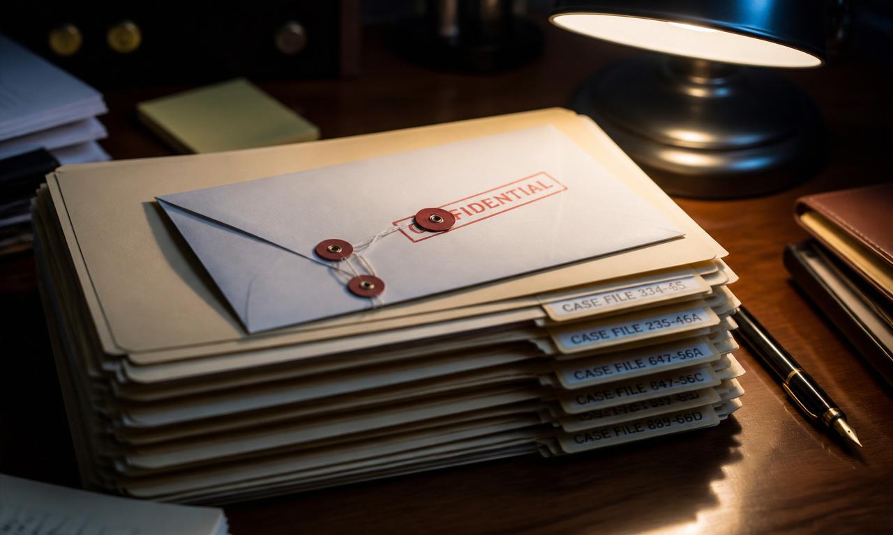 Advocate reviewing a confidential due diligence dossier with brass shield emblem and magnifying glass