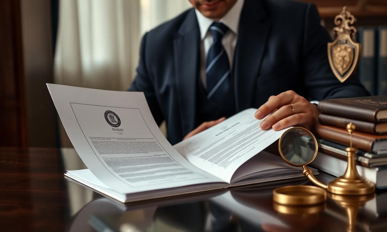 Advocate reviewing a confidential due diligence dossier with brass shield emblem and magnifying glass