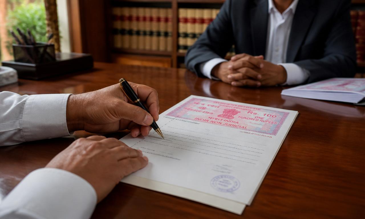 Power of Attorney document with Indian flag at a sub-registrar office in India