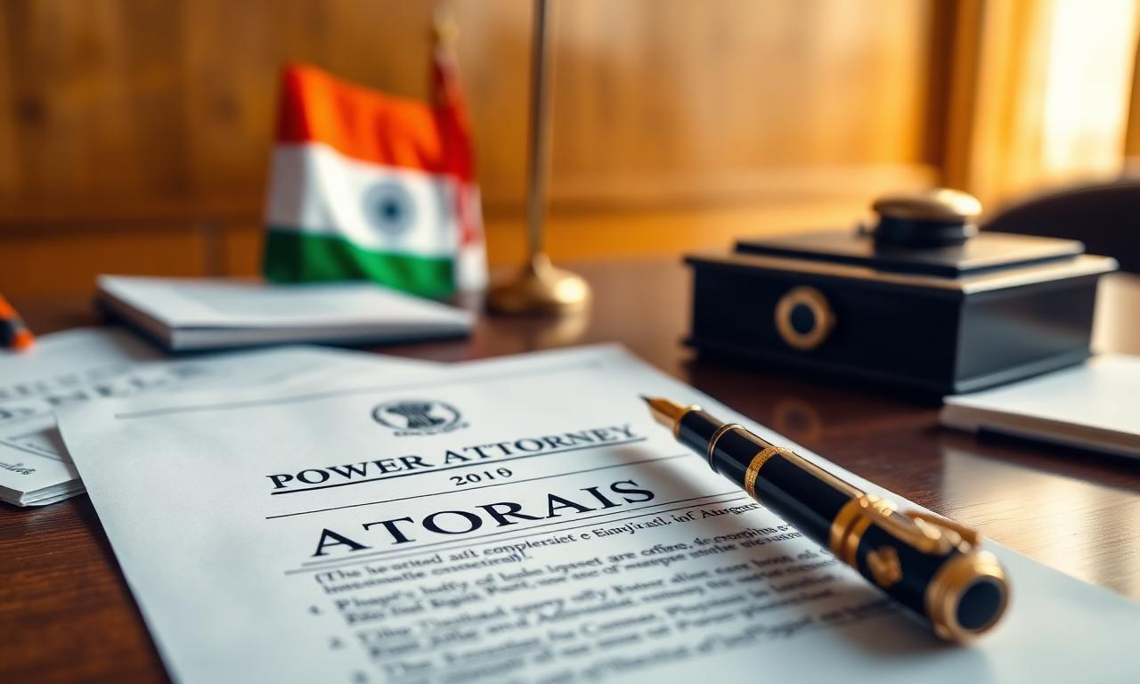 Power of Attorney document with Indian flag at a sub-registrar office in India