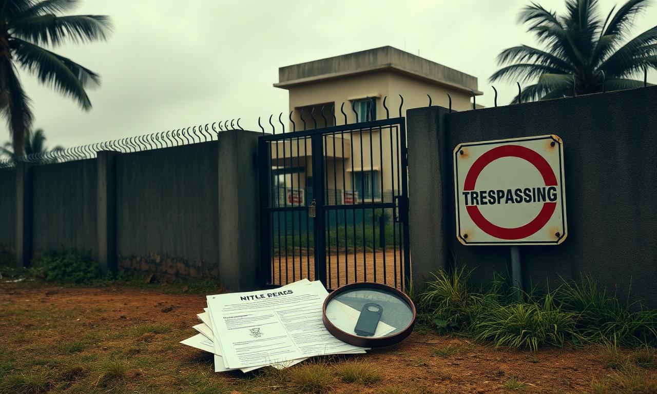 Locked gate of an Indian residential property with title-deed documents and a magnifying glass