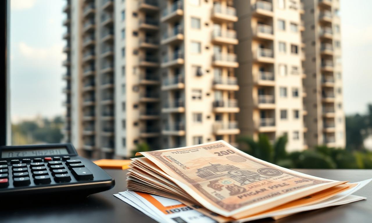 Indian residential apartments with calculator and rupee notes in foreground
